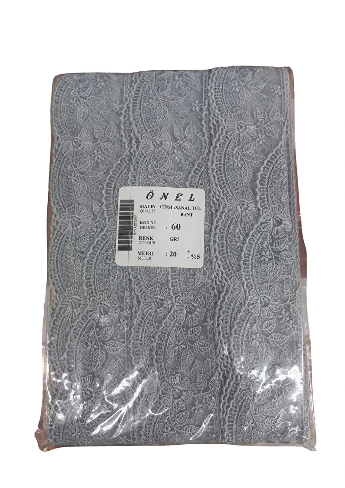Dantel Polyester Sanal Tül Bant Gri 20 Metre En 6 Cm On-60-g