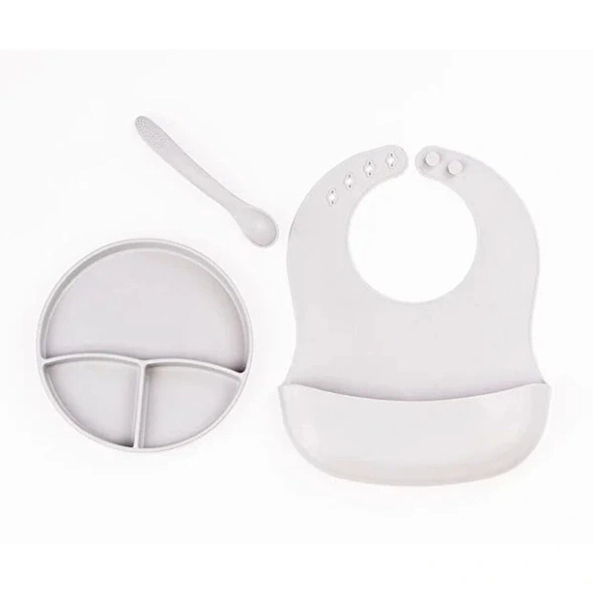 Gri 3’lü Silikon Yemek Seti – Önlük + Diş Kaşıyıcılı Kaşık + Vakumlu Tabak