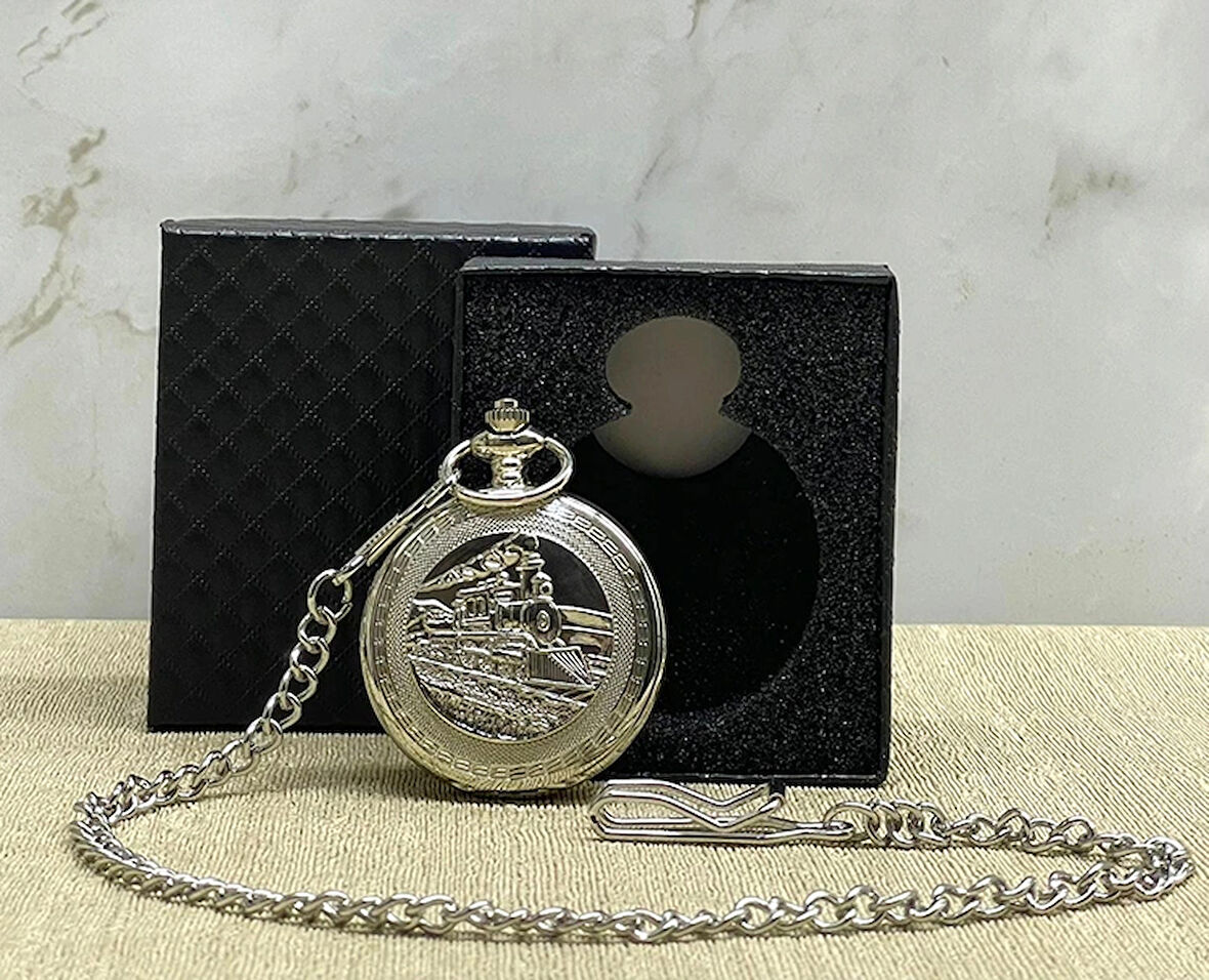 Özel Kutulu Tren Temalı Gümüş Köstekli Saat