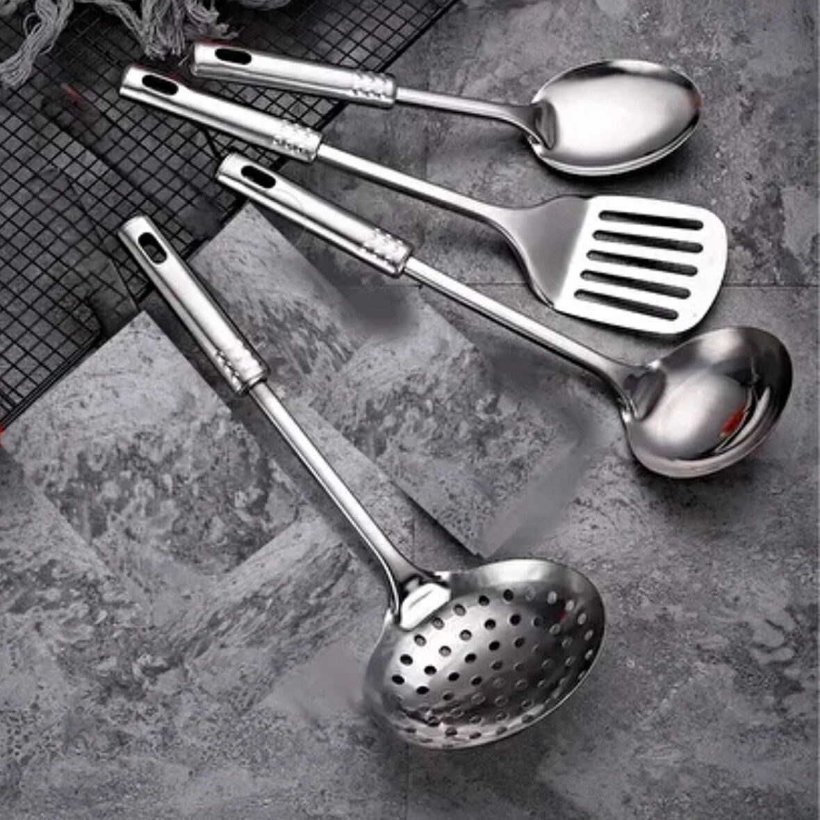 Leyloş 4lü Çelik Kepçe,süzgeç,servis Kaşığı,spatula Mutfak Yemek Hazırlama Servis Seti