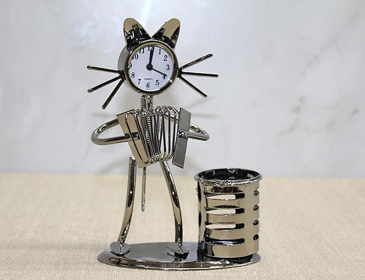 Metal Akordiyon Çalan Müzisyen Kedi Müzisyen Saat Ve Kalemlik