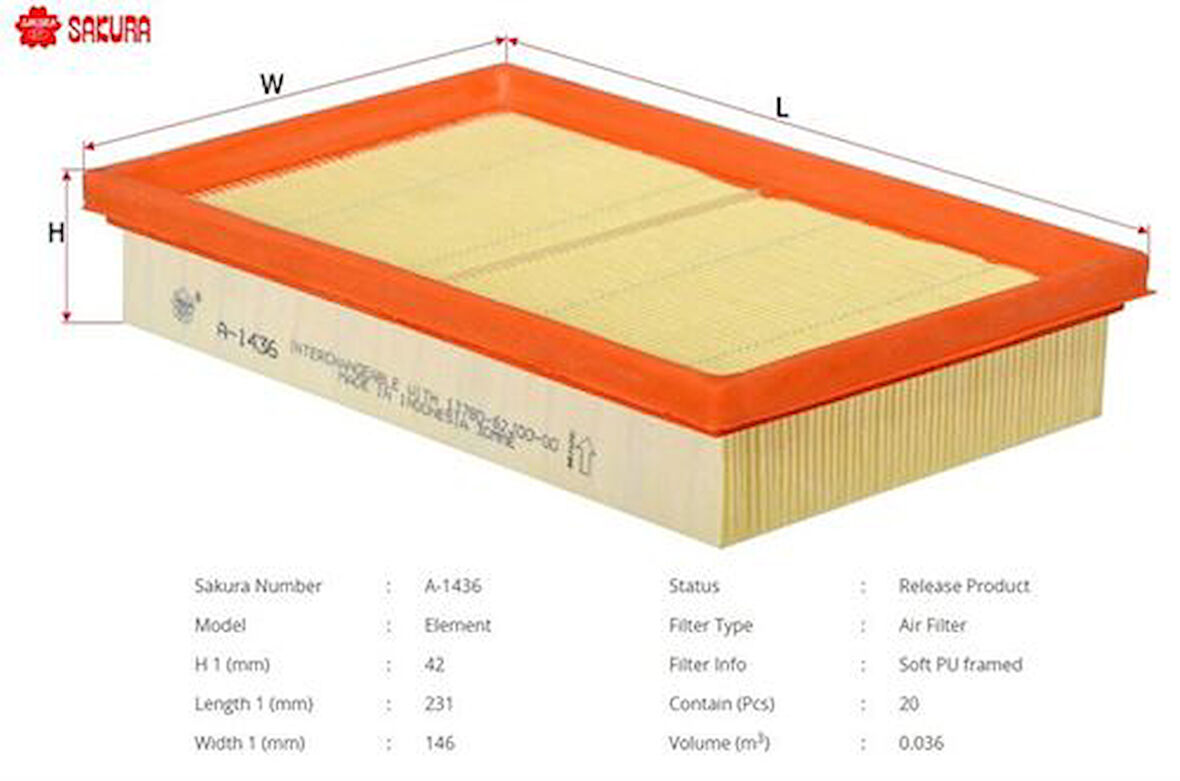 Sakura A1436 Hava Filtresi.Japon Swift(Mz) 1.3 05-9 1378062J00