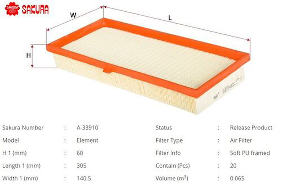 Sakura A33910 Hava Filtresi.Japon Yaris(P9 P13) 1.4 D4D 09-17 178010N040
