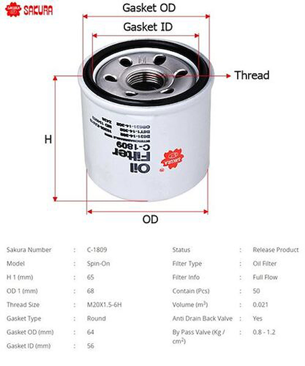 Sakura C1809 Yağ Filtresi.Japon 323(Bg Ba Bj) 626(Ge Gf) 1.8-2.0 92-01 Mazda 3(Bk) 1.6 03-13 Mazda 2(De) 1.3-1.5 08-14 1.6 1.5 1.8 90-01 B6Y114302