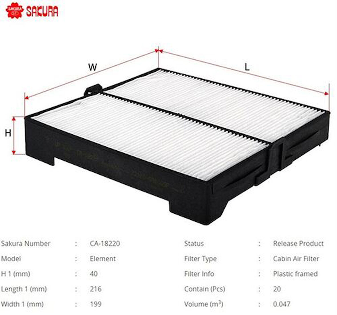 Sakura CA18220 Polen Filtresi.Japon Forester(Sg) 2.0 2.0 T 2.5 02-06 72880SA000