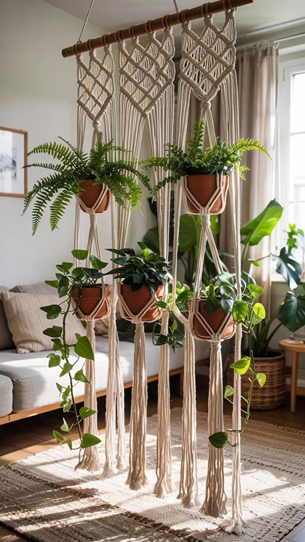 El Yapımı 5'li Çok Katlı Makrome Saksılık – Doğal Ahşap Detaylı Bitki Askısı