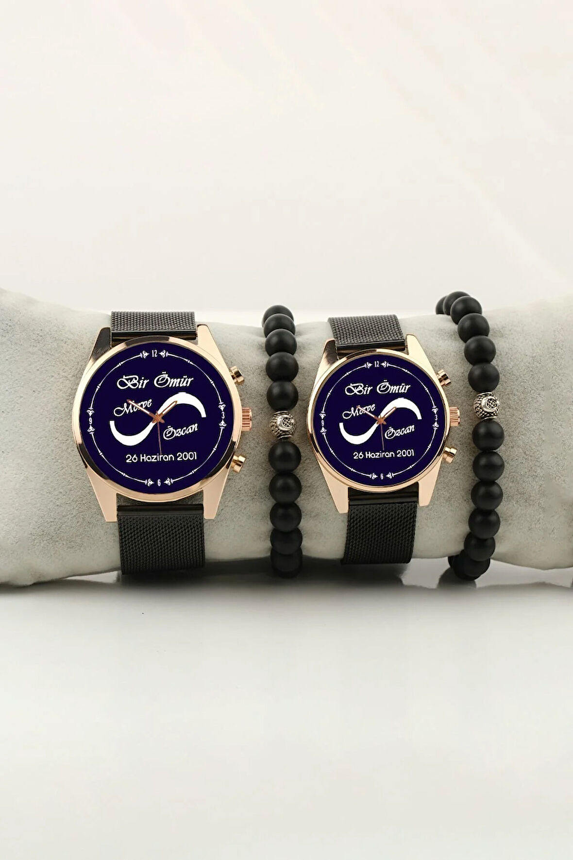 Bir Ömür Mavi Zemin Çift Kol Saati isim ve Tarih Yazılabilir Sevgiliye Bileklik Hediye