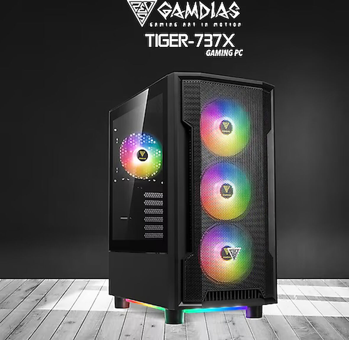 GAMDIAS TIGER-737X, RYZEN 7 3700X, 16Gb Ram, 512Gb NVMe SSD, 8Gb GDDR5 RX580 Ekran Kartı, 750W Kasa, Free Dos GAMING PC