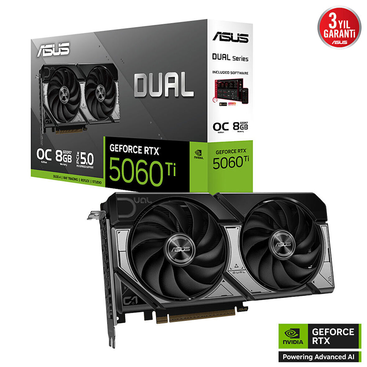 DUAL-RTX5060TI-O8G, 8Gb, 128Bit, GDDR7, 1xHDMI, 3xDP GAMING Ekran Kartı