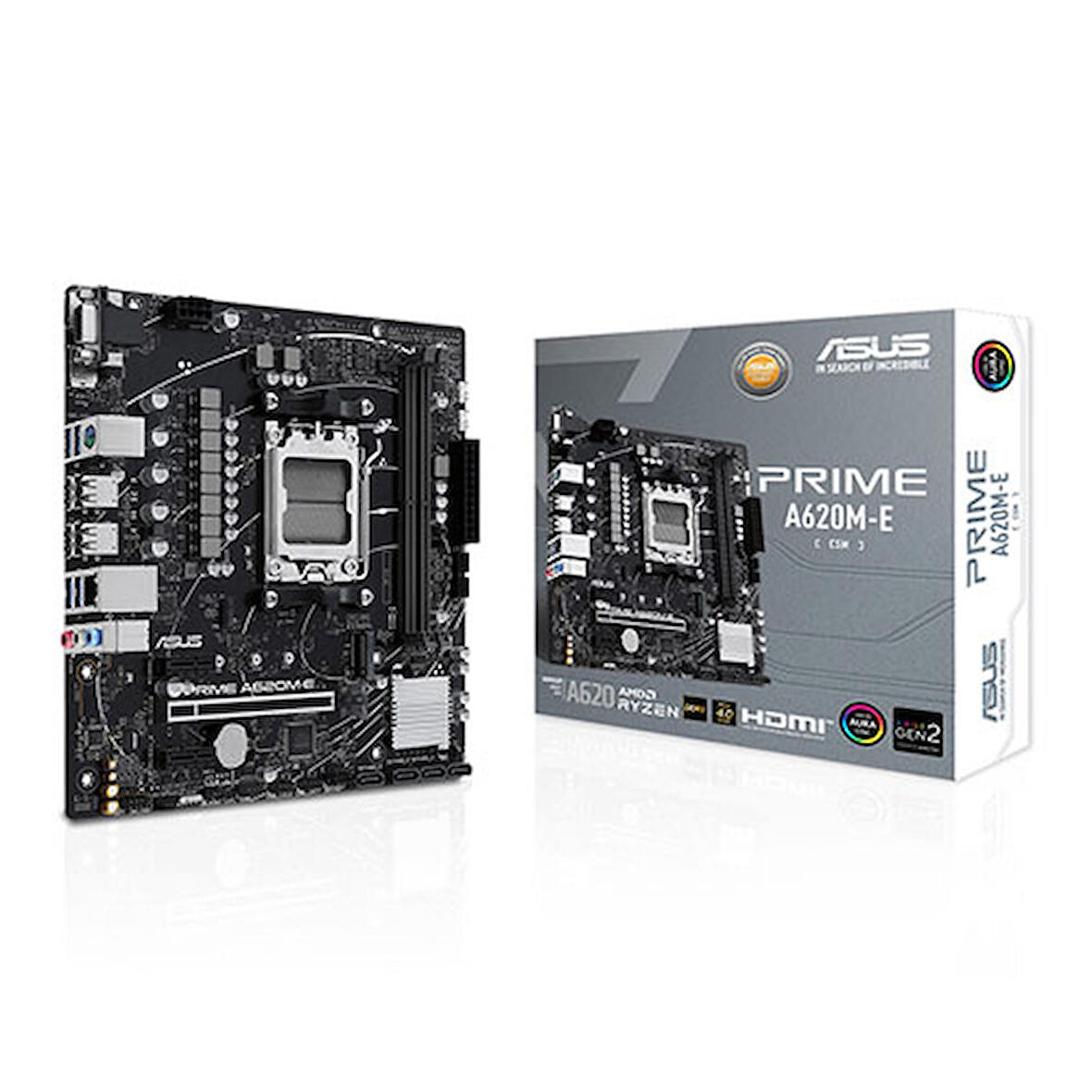 ASUS MB PRIME A620M-E-CSM AMD A620 AM5 DDR5 6400 DP HDMI VGA M2 USB3.2 AURA RGB mATX Ücretsiz Uzaktan Yönetim Yazılımı ASUS 5X PROTECTION III
