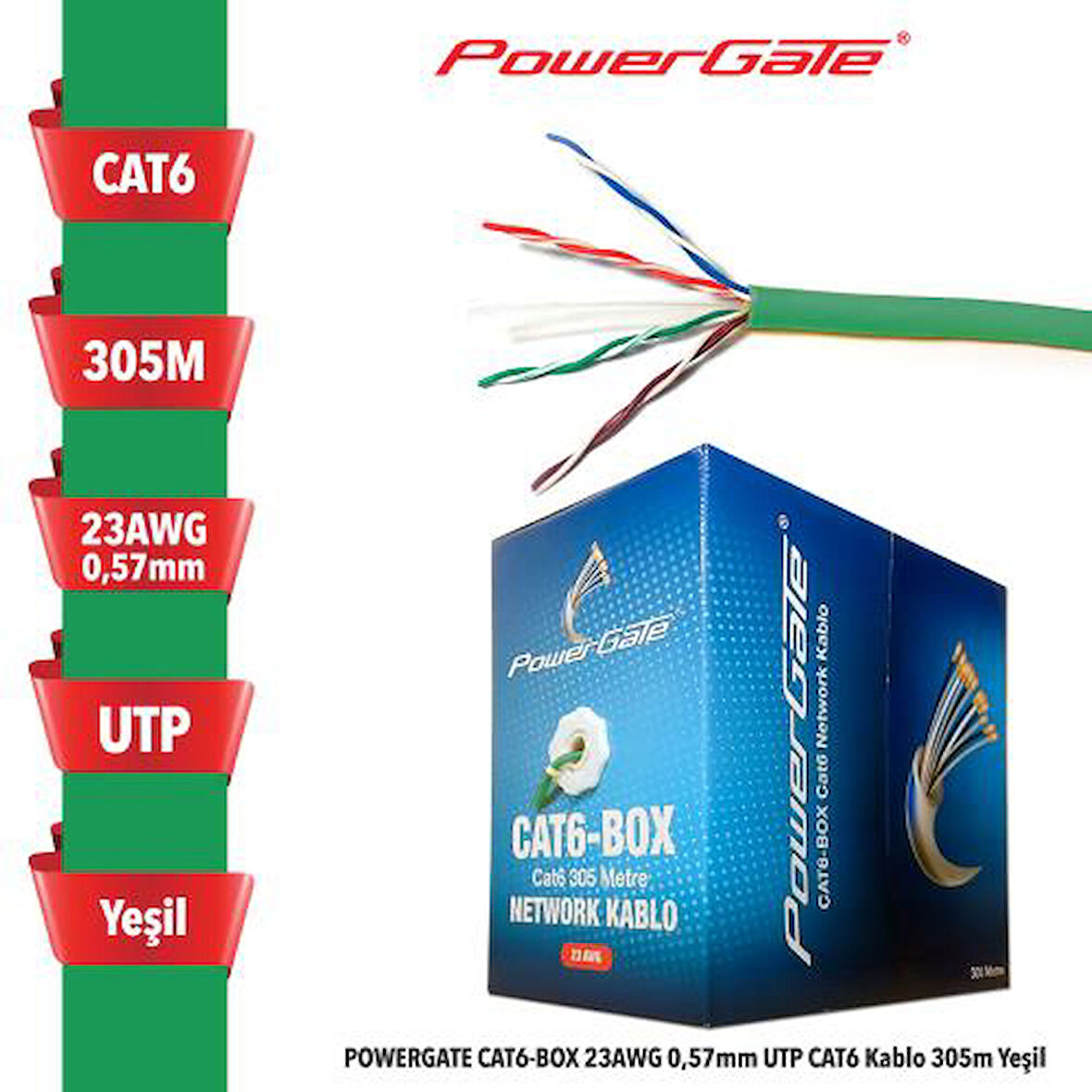  CAT6-BOX-GN, 23AWG 0,57mm, UTP, CAT6 Kablo, 305m, Yeşil