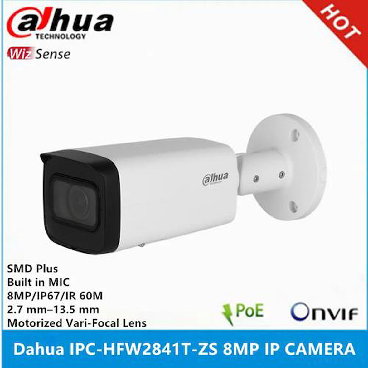 IPC-HFW2841T-ZAS-27135 8Mpix, 2,7-13,5mm  Motoriz Lens, H265+, 80Mt Gece Görüşü, Dahili Mikrofon, Starlight, IP67,  PoE Bullet IP Kamera