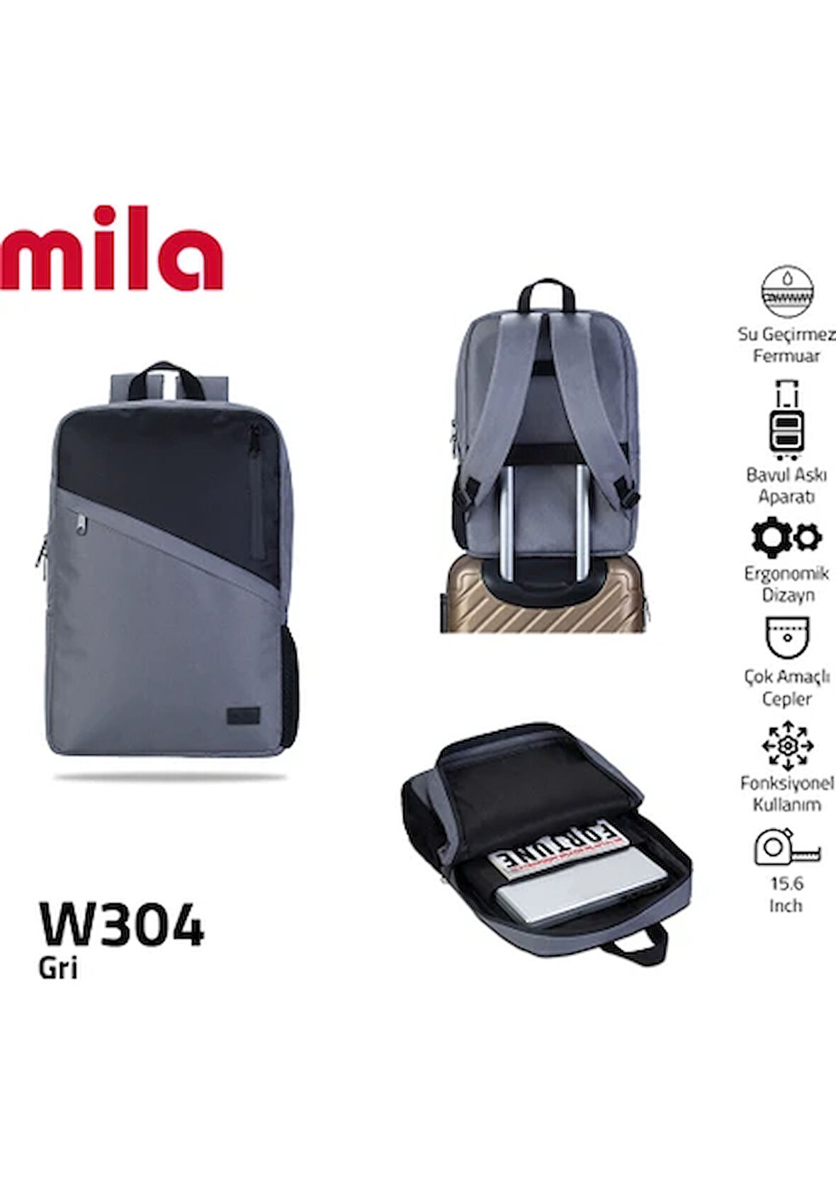 Mila 17.3 15.60 inch Uyumlu 5 Bölmeli WtxPro Su geçirmez Kum. Sırt Ç.