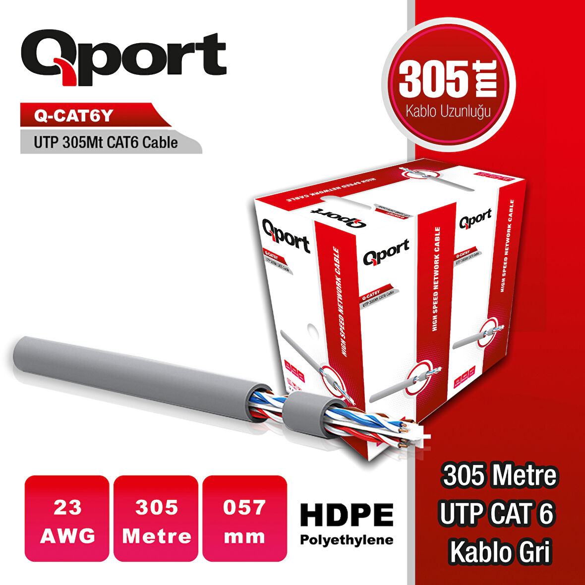 Q-CAT6Y 305 METRE 23AWG GRI CAT6 UTP PE KABLO