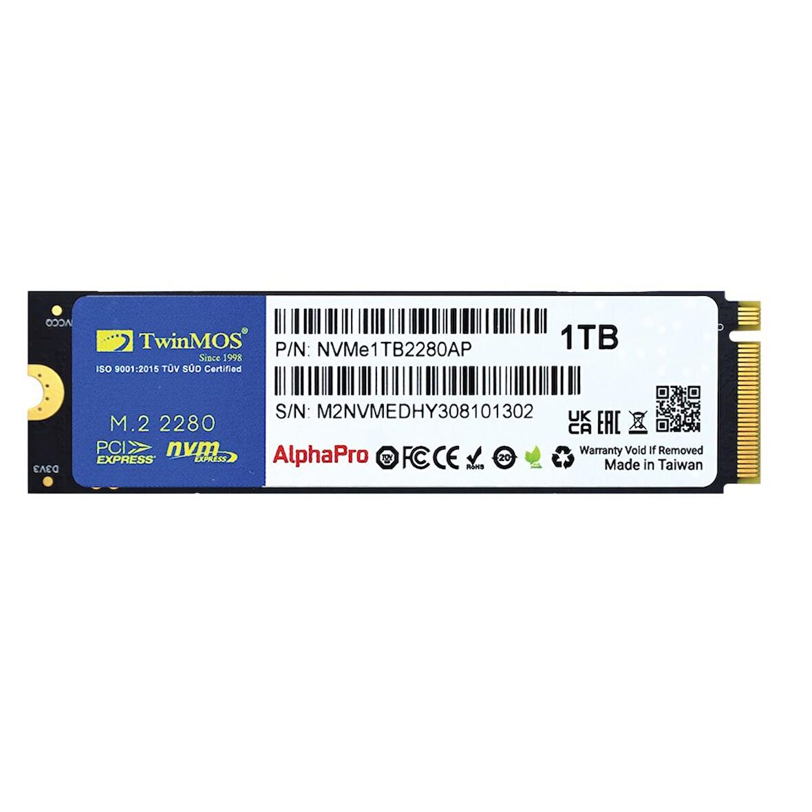 NVMe1TB2280AP, AlphaPro, 1TB, M.2 PCIe  NVMe, Gen3, SSD, 3600-3250Mb/s, TLC 3DNAND