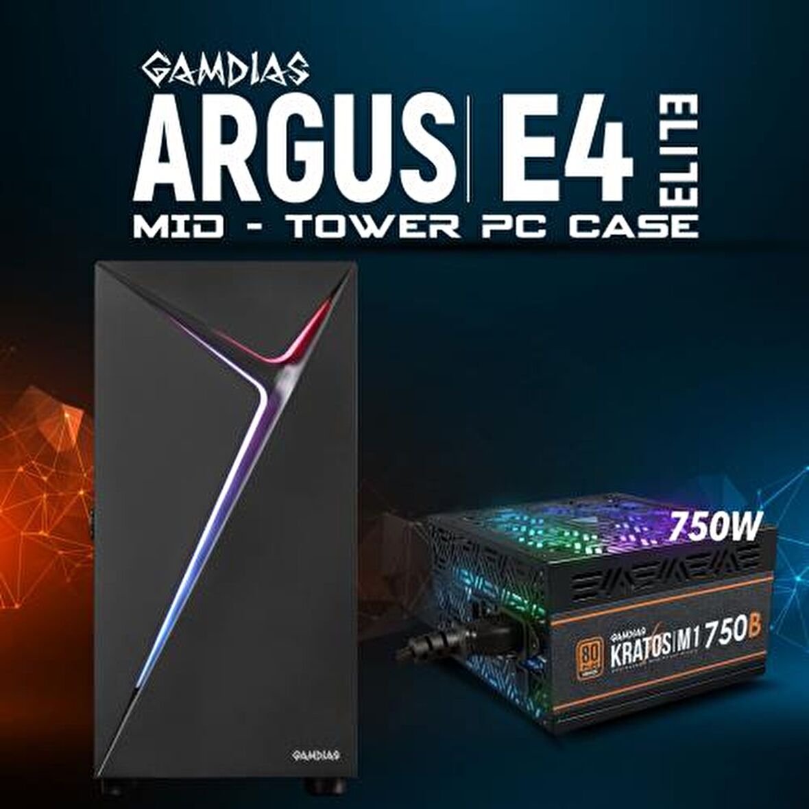 GAMDIAS ARGUS E4 Elite, 750W, Tempered Glass, ARGB, 80+ Bronze, ATX GAMING KASA