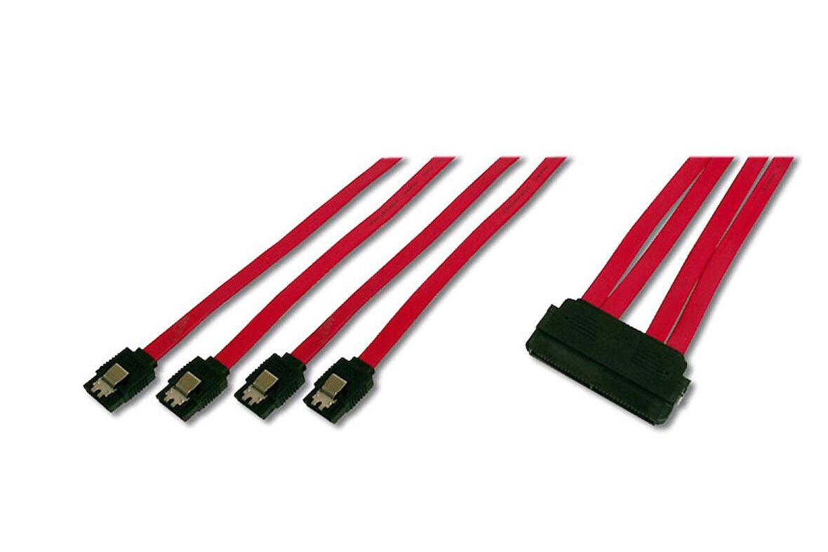 AK-SAS-01 Serial Attached SCSI (SAS) Bağlantı Kablosu, SAS 32pin - 4 x 7pin SATA, 0.50 metre, CU, AWG26, 2 x zırhlı, Erkek / Erkek, UL, metal mandallı  EAN: 40160