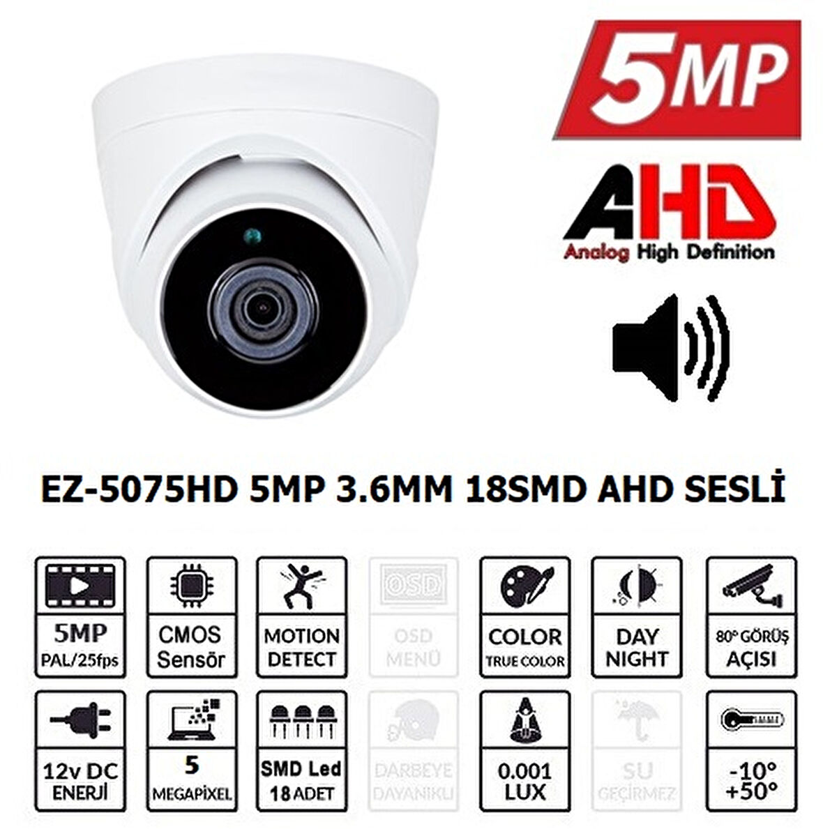  ez-5075hd 5mp 3.6mm 18smd ahd sesli dome