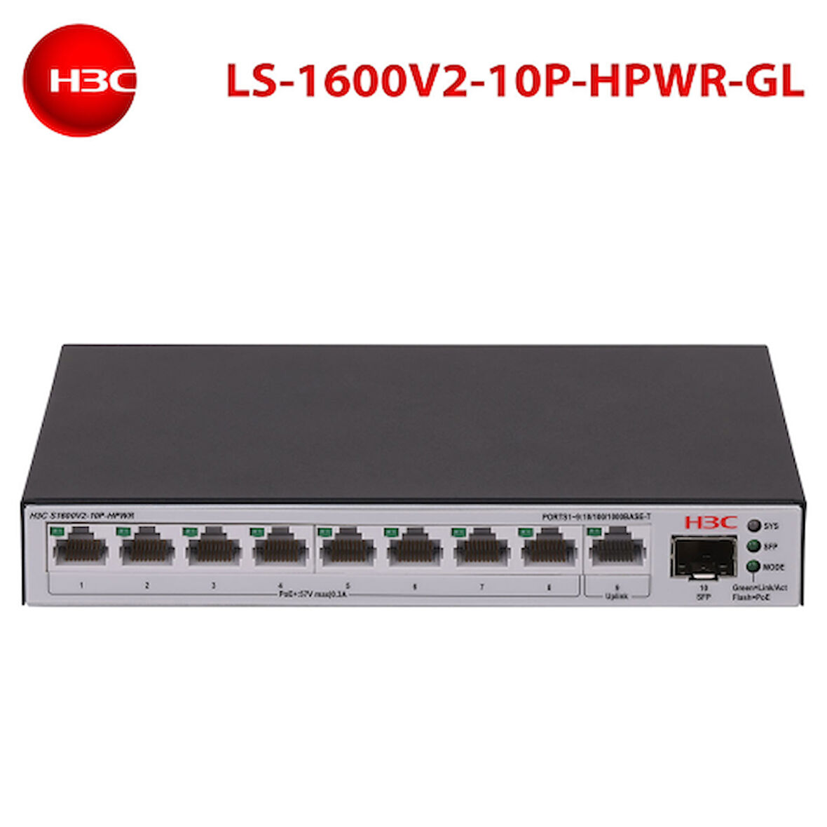 H3C S1600V2-10P-HPWR, 8 Port, GigaBit, PoE 125W, L2, 1 Port GigaBit Uplink, 1 Port GigaBit SFP, Web Yönetilebilir, Masaüstü Switch
