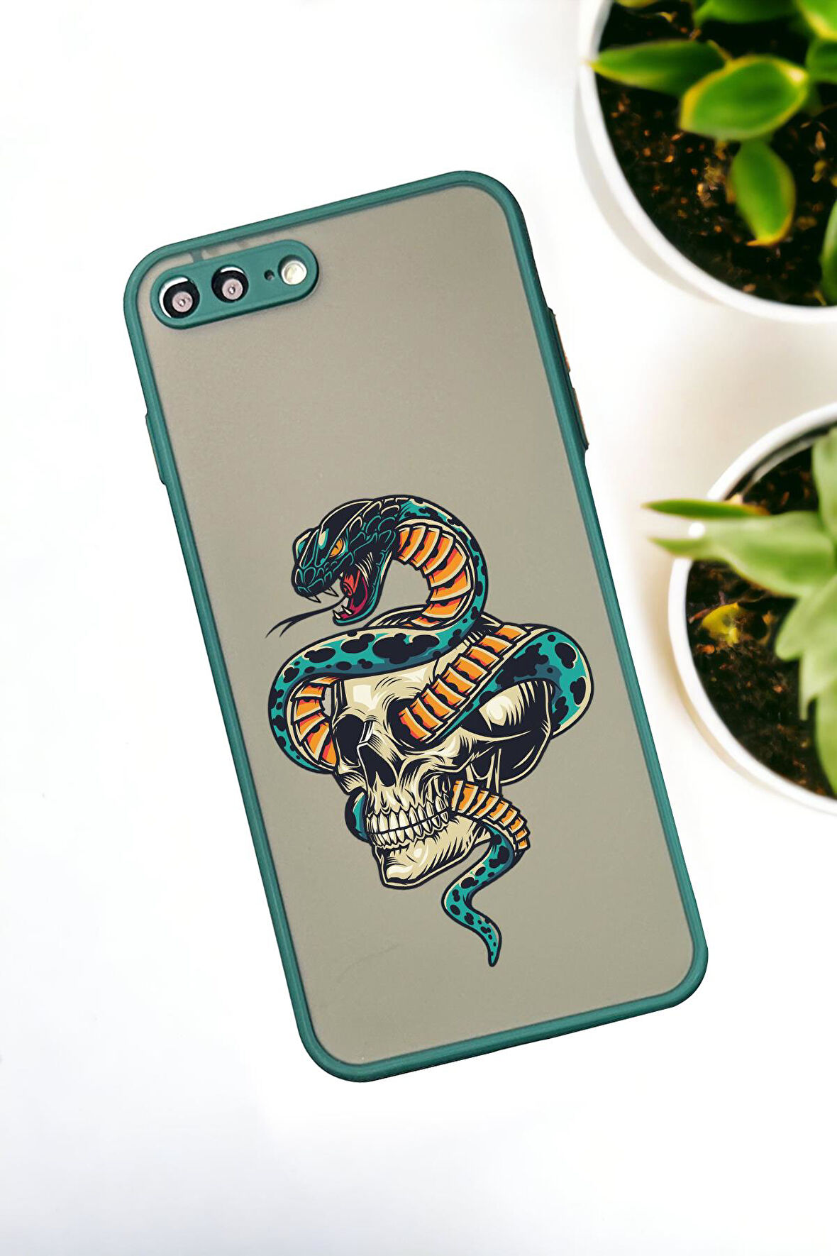 iPhone 8 Plus Uyumlu Skull & Snake Desenli Buzlu Şeffaf Lüx Telefon Kılıfı