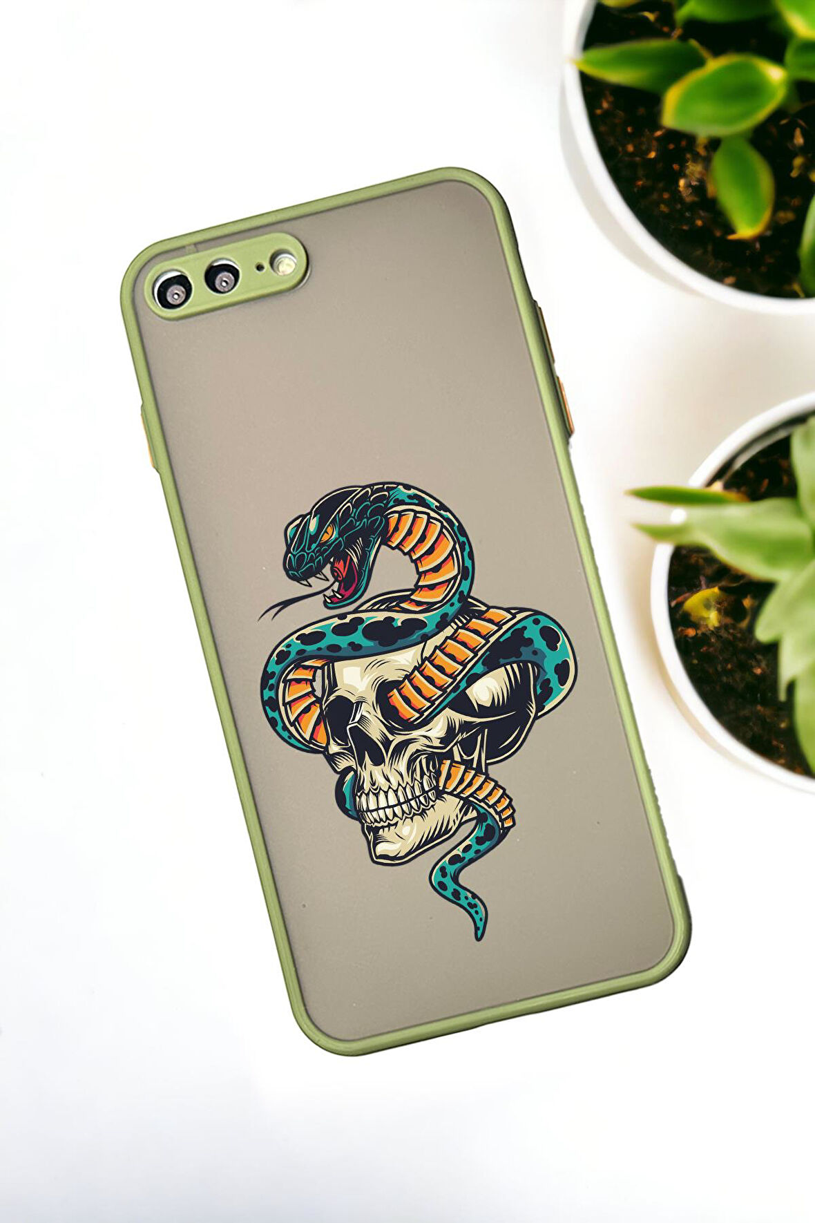 iPhone 8 Plus Uyumlu Skull & Snake Desenli Buzlu Şeffaf Lüx Telefon Kılıfı