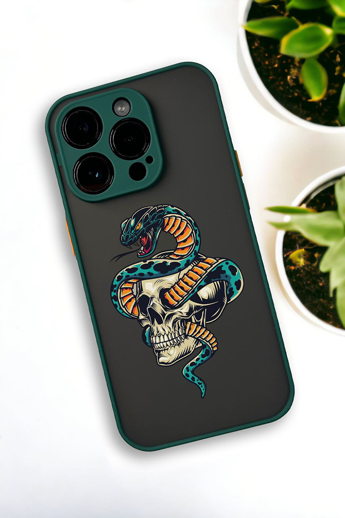 iPhone 13 Pro Max Uyumlu Skull & Snake Desenli Buzlu Şeffaf Lüx Telefon Kılıfı