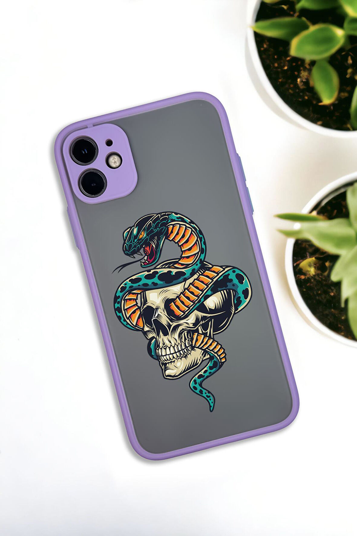 iPhone 11 Uyumlu Skull & Snake Desenli Buzlu Şeffaf Lüx Telefon Kılıfı