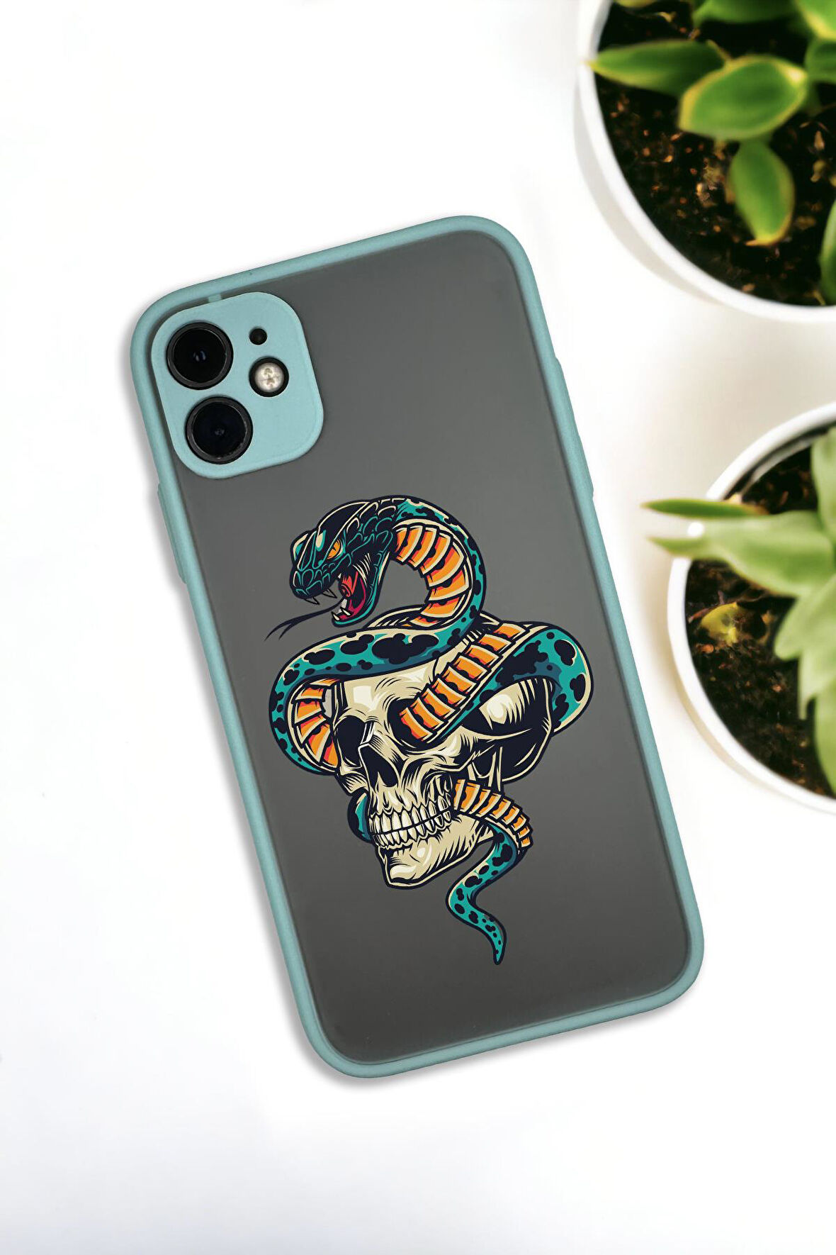 iPhone 11 Uyumlu Skull & Snake Desenli Buzlu Şeffaf Lüx Telefon Kılıfı