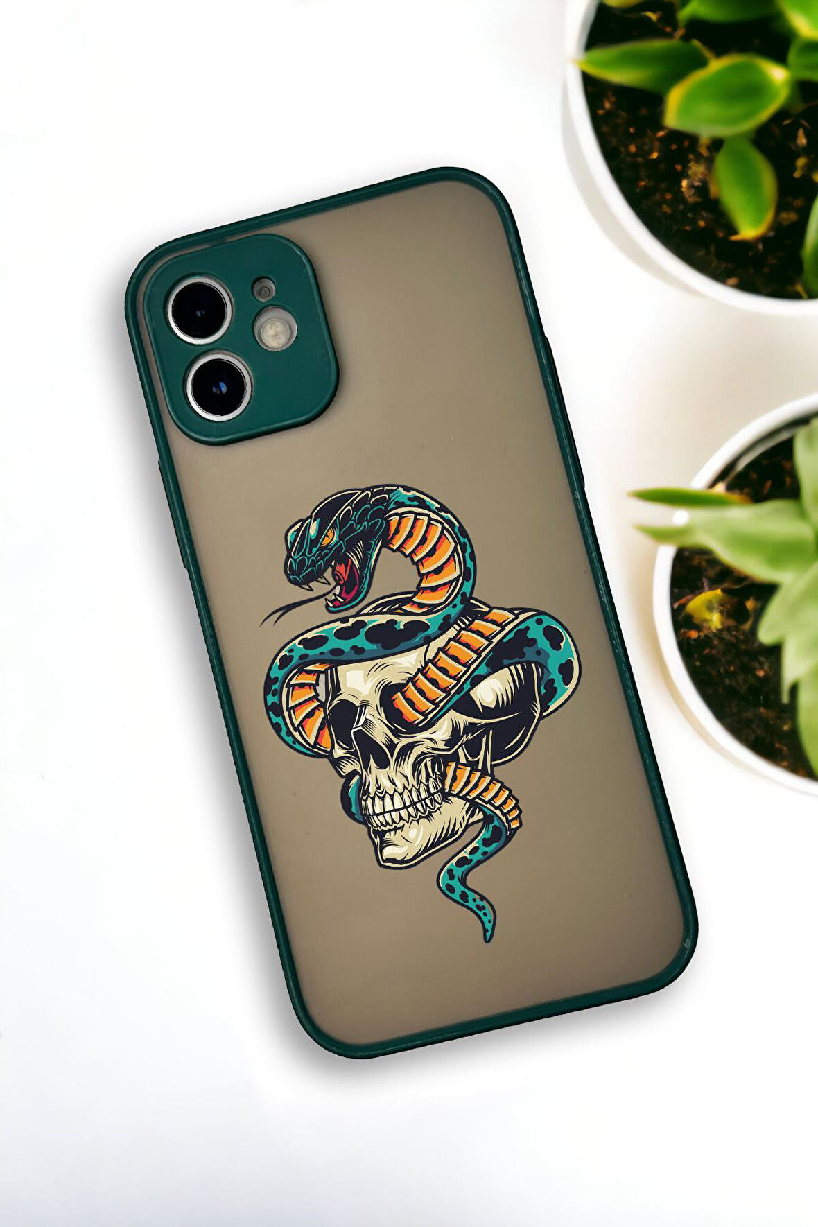 iPhone 12 Uyumlu Skull & Snake Desenli Buzlu Şeffaf Lüx Telefon Kılıfı