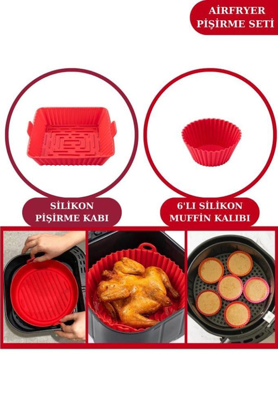 Onikiden Airfryer Silikon Kare Pişirme Kabı ve 6’lı Kek Muffin Kalıbı Set- Hava Fritözleriyle Uyumlu