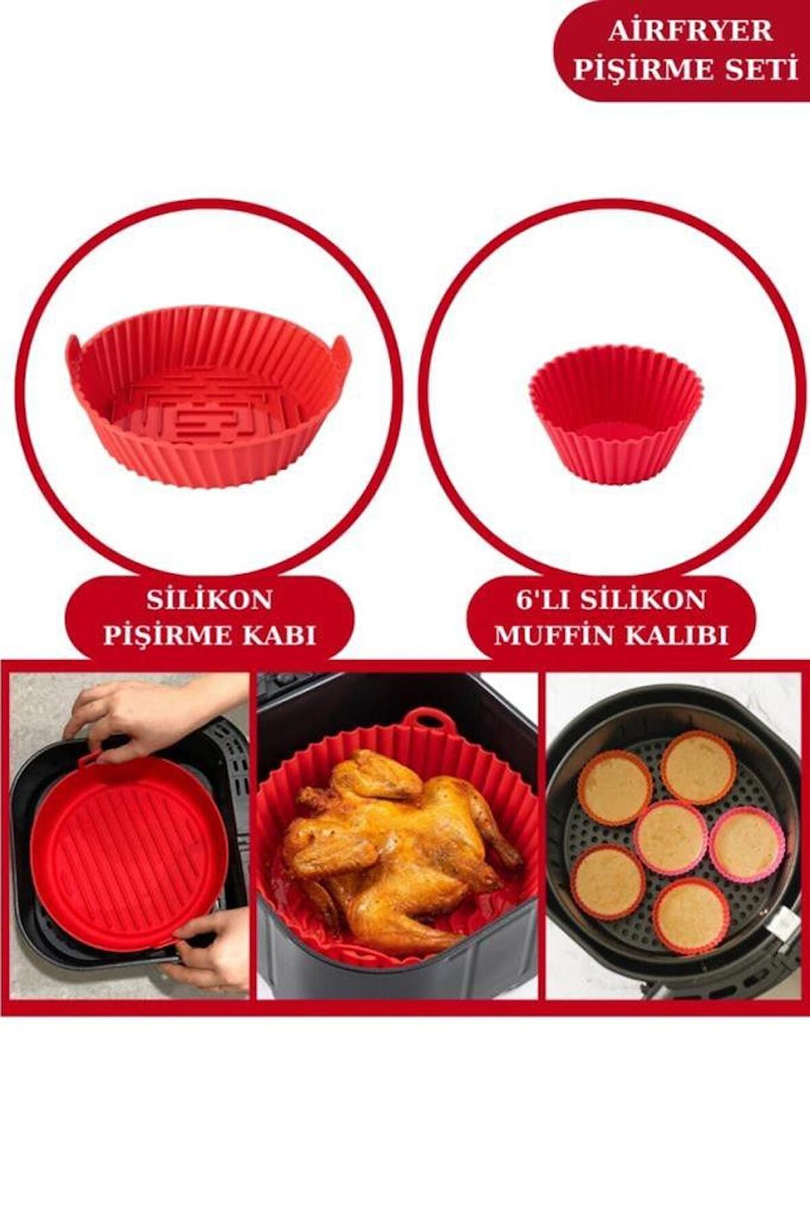 Onikiden Airfryer Silikon Pişirme Kabı ve 6’lı Kek Muffin Kalıbı Set- Tüm Hava Fritözleriyle Uyumlu