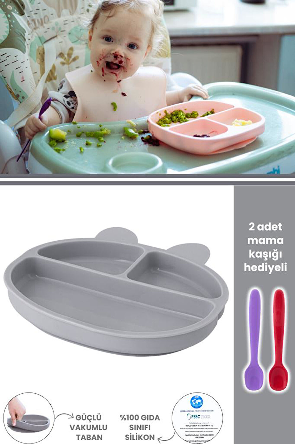 Silicolife 3 Gözlü Silikon Mama Tabağı, Vakum Tabanlı Bebek Porsiyon Tabak - 2 Mama Kaşığı Hediyeli