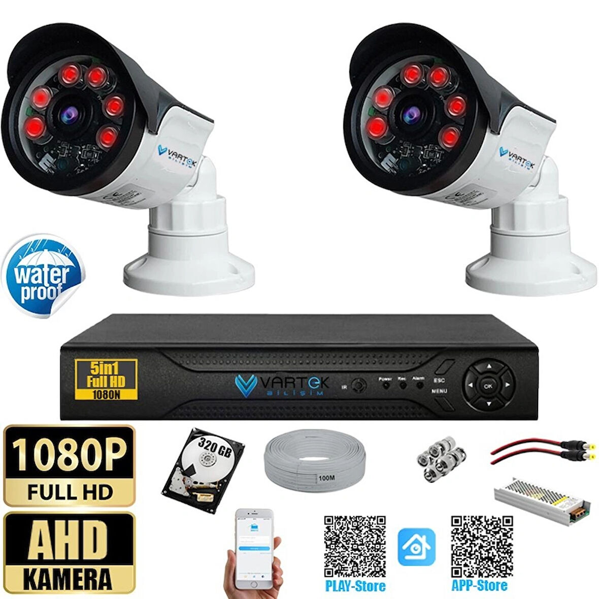 2 Kameralı Set 320 Gb Hdd Full Hd Gece Görüşlü Güvenlik Kamerası Sistemi-Sabit İp Gerektirmez-