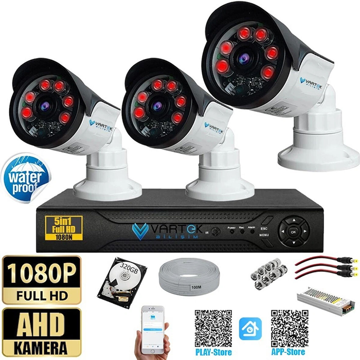 3 Kameralı Set 320 Gb Hdd Full Hd Gece Görüşlü Güvenlik Kamerası Sistemi-Sabit İp Gerektirmez-
