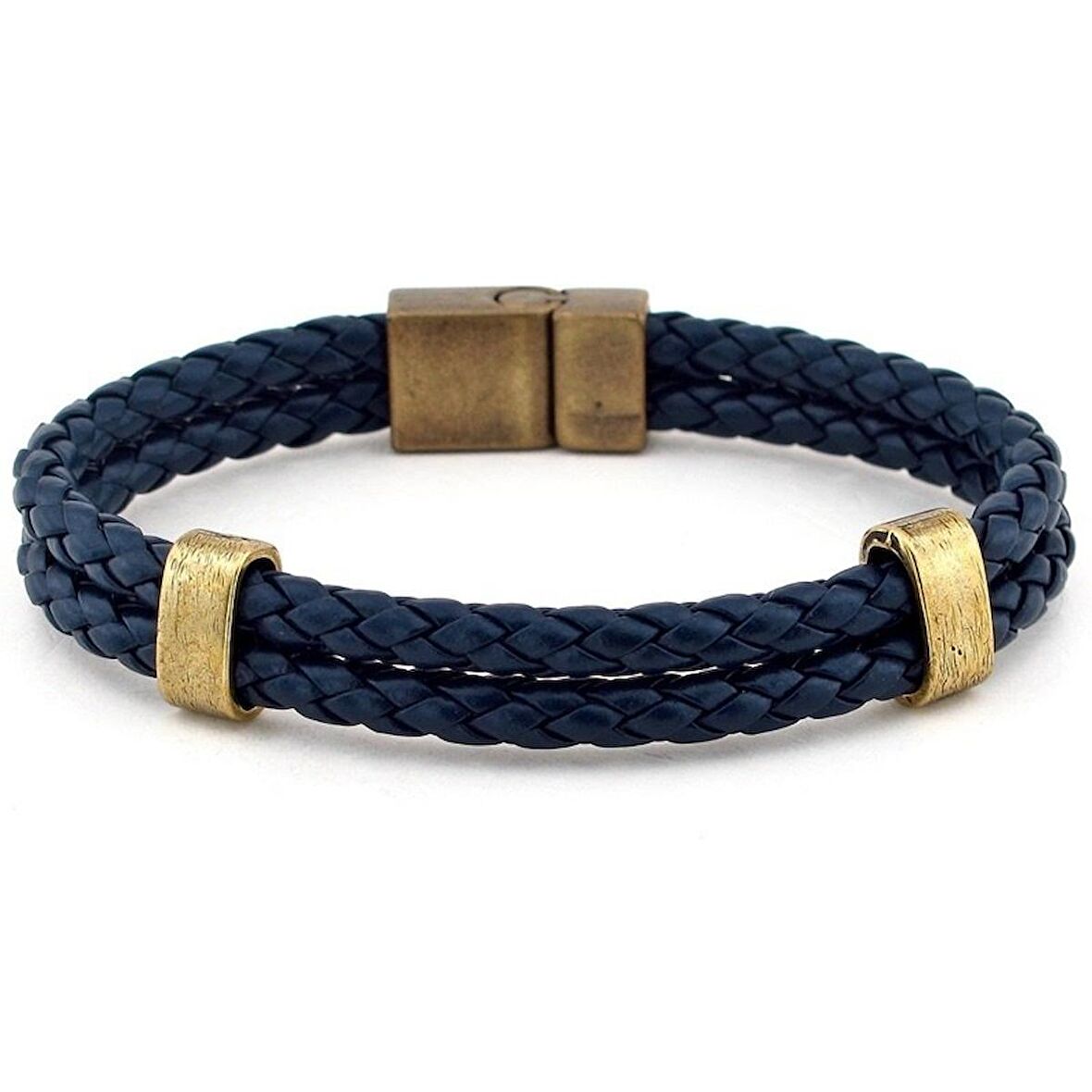 LACİVERT DERİ ÇİFT SIRALI BRONZ METAL ERKEK BİLEKLİK BT525