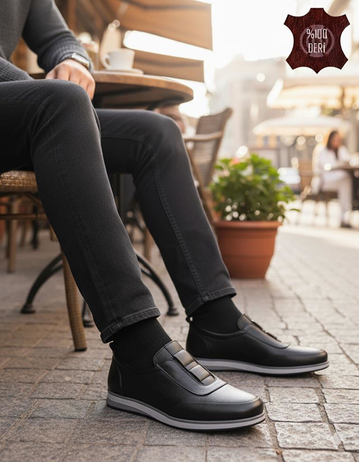 DETECTOR  Erkek Hakiki Deri Siyah Günlük Slip-On Ayakkabı, Rahat Tabanlı, Modern Tasarım