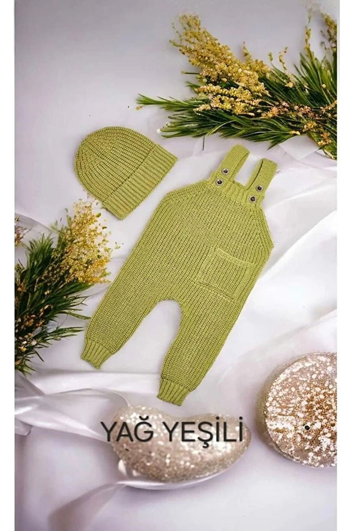 GLRB Triko Selanik Örgüsü Yağ Yeşili Cepli Şapkalı Slopet Unisex 3-24 Ay 3702-YY