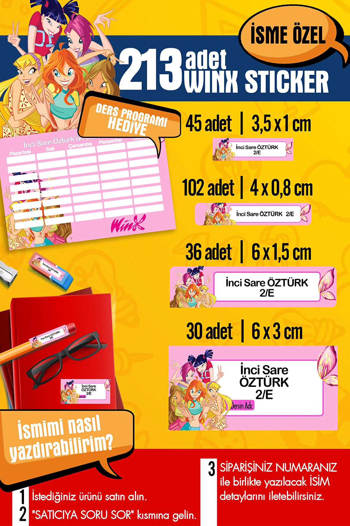 Okul Etiketi WINX Temalı Özel İsim Yazılabilen Kalem, Defter, Boya, Kitap Etiketi - 213 Adet