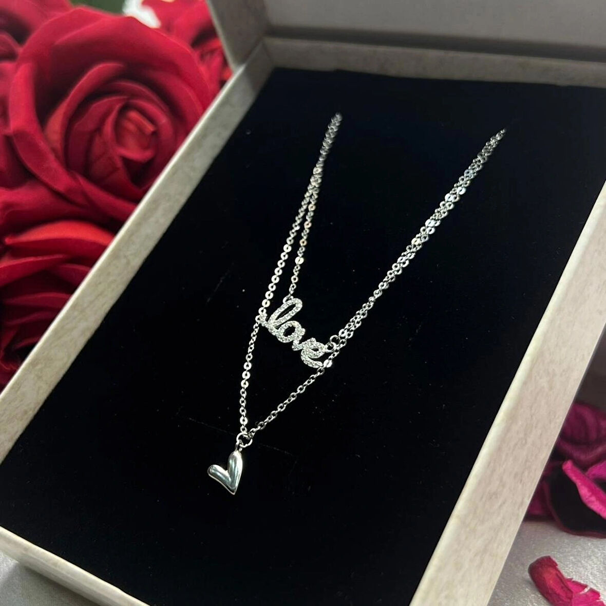 Love Yazılı ve Kalp Figürlü İkili Kadın Kolyesi 925 Ayar Gümüş Zincirli Rodyumlu Zirkon Taşlı