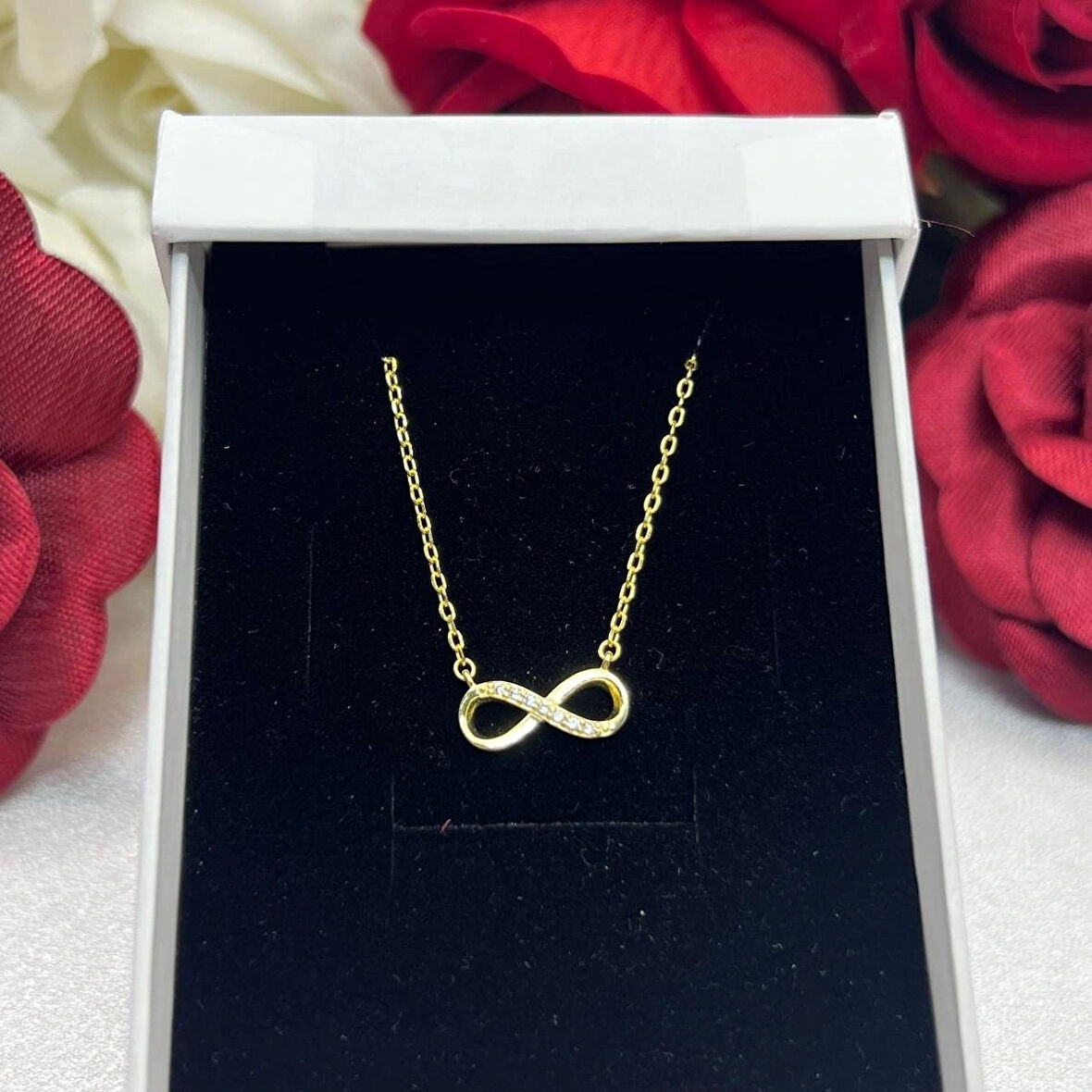 Zirkon Taşlı Sonsuzluk Kadın Kolyesi 925 Ayar Gümüş Zincirli Altın Kaplama