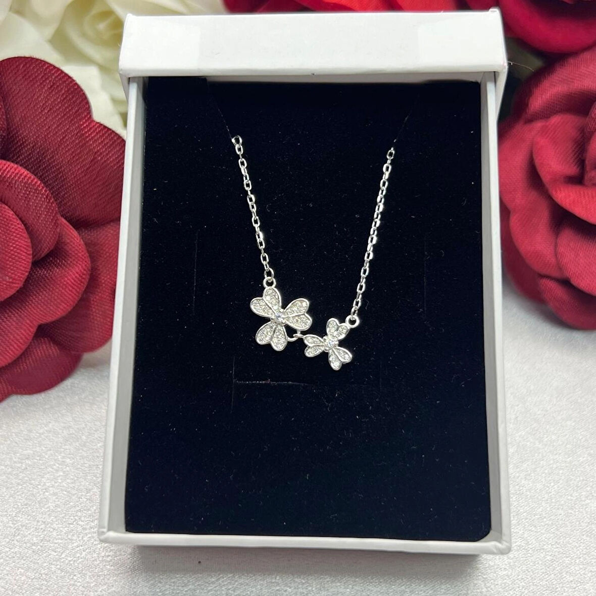 İkili Kelebek Kadın Kolyesi 925 Ayar Gümüş Zincirli Rodyumlu Zirkon Taşlı