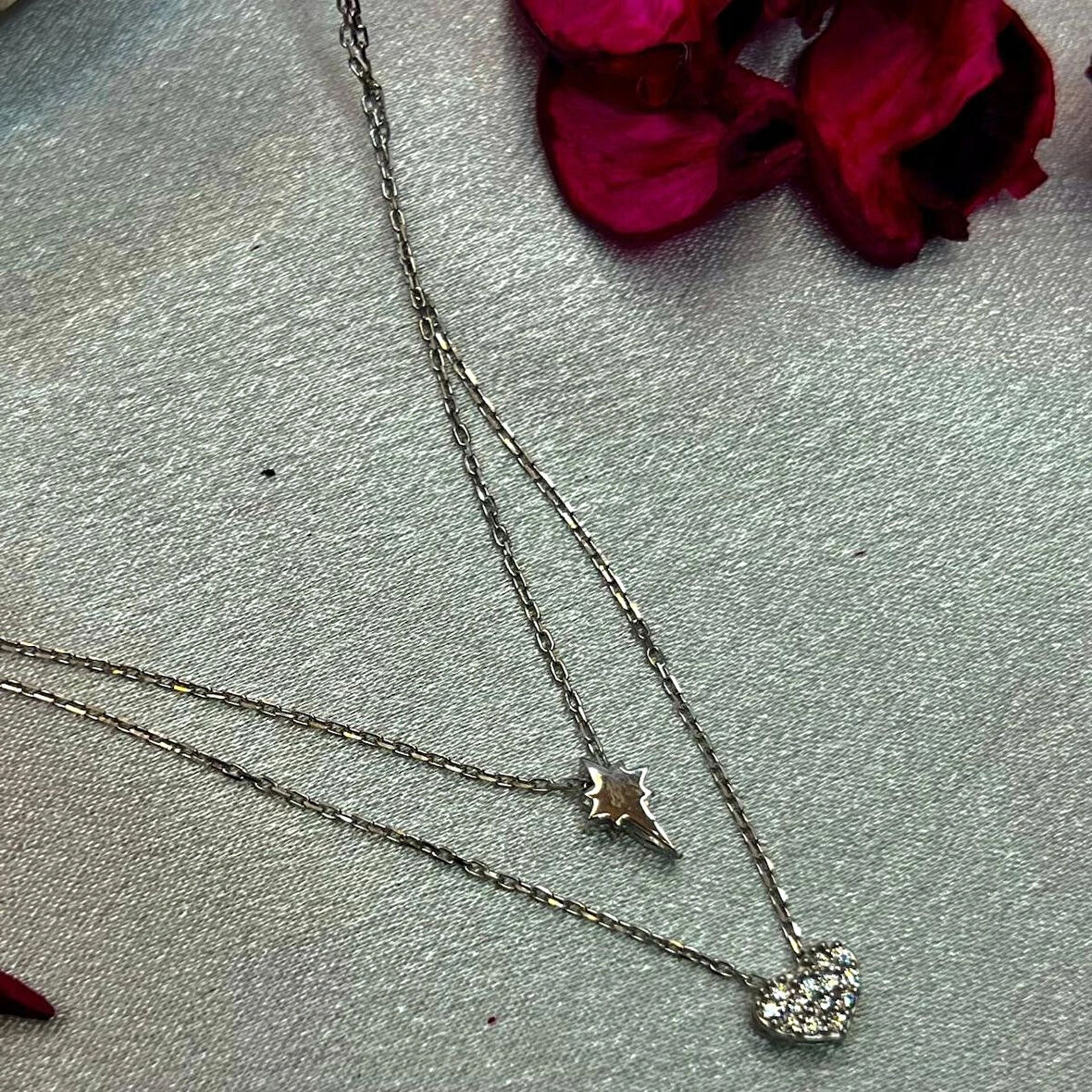 Zirkon Taşlı Kalp ve Kutup Yıldızı Figürlü İkili Kadın Kolyesi 925 Ayar Gümüş Rodyumlu