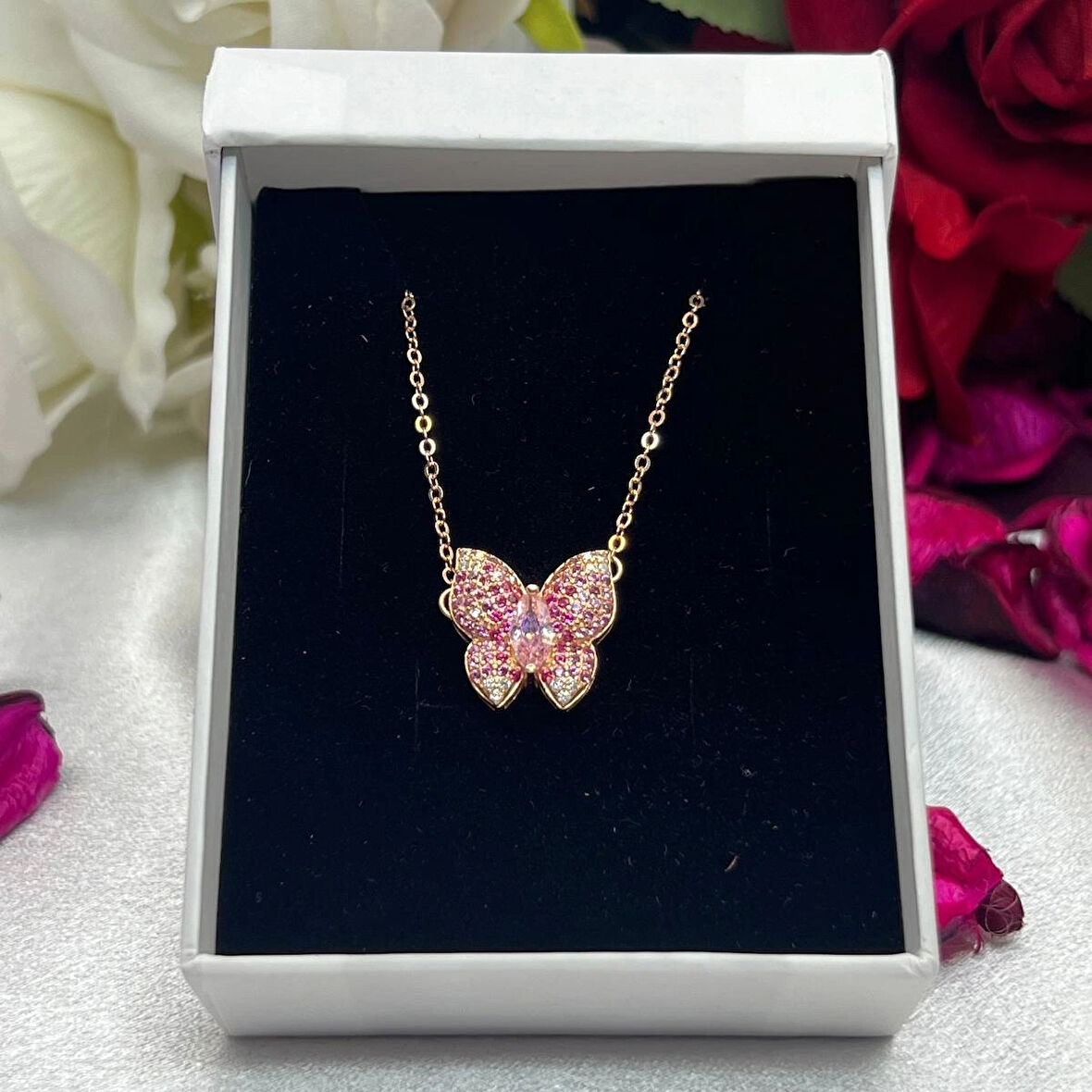 Pembe Zirkon Taşlı Kelebek Kadın Kolyesi 925 Ayar Gümüş Zincirli Rose Kaplama