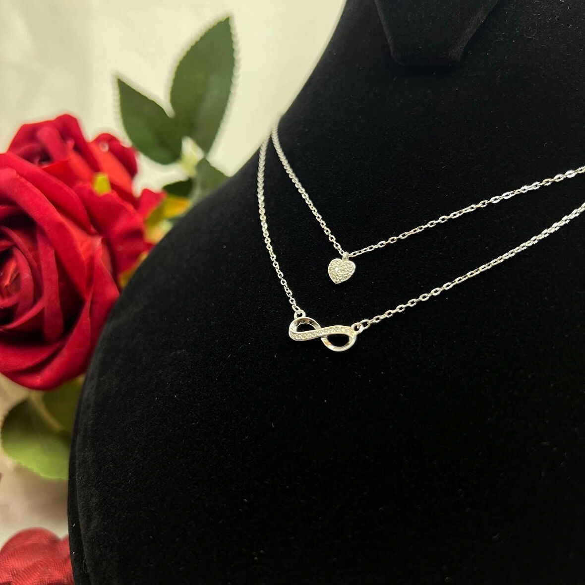 Kalp ve Sonsuzluk İkili Kadın Kolyesi 925 Ayar Gümüş Rodyumlu Zirkon Taşlı
