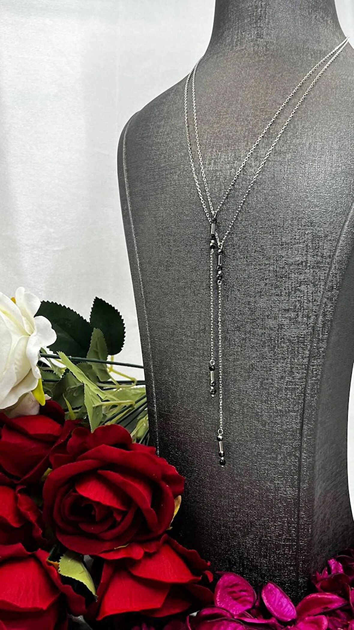 Siyah Taşlı İkili Kravat Kadın Kolyesi 925 Ayar Gümüş Rodyumlu