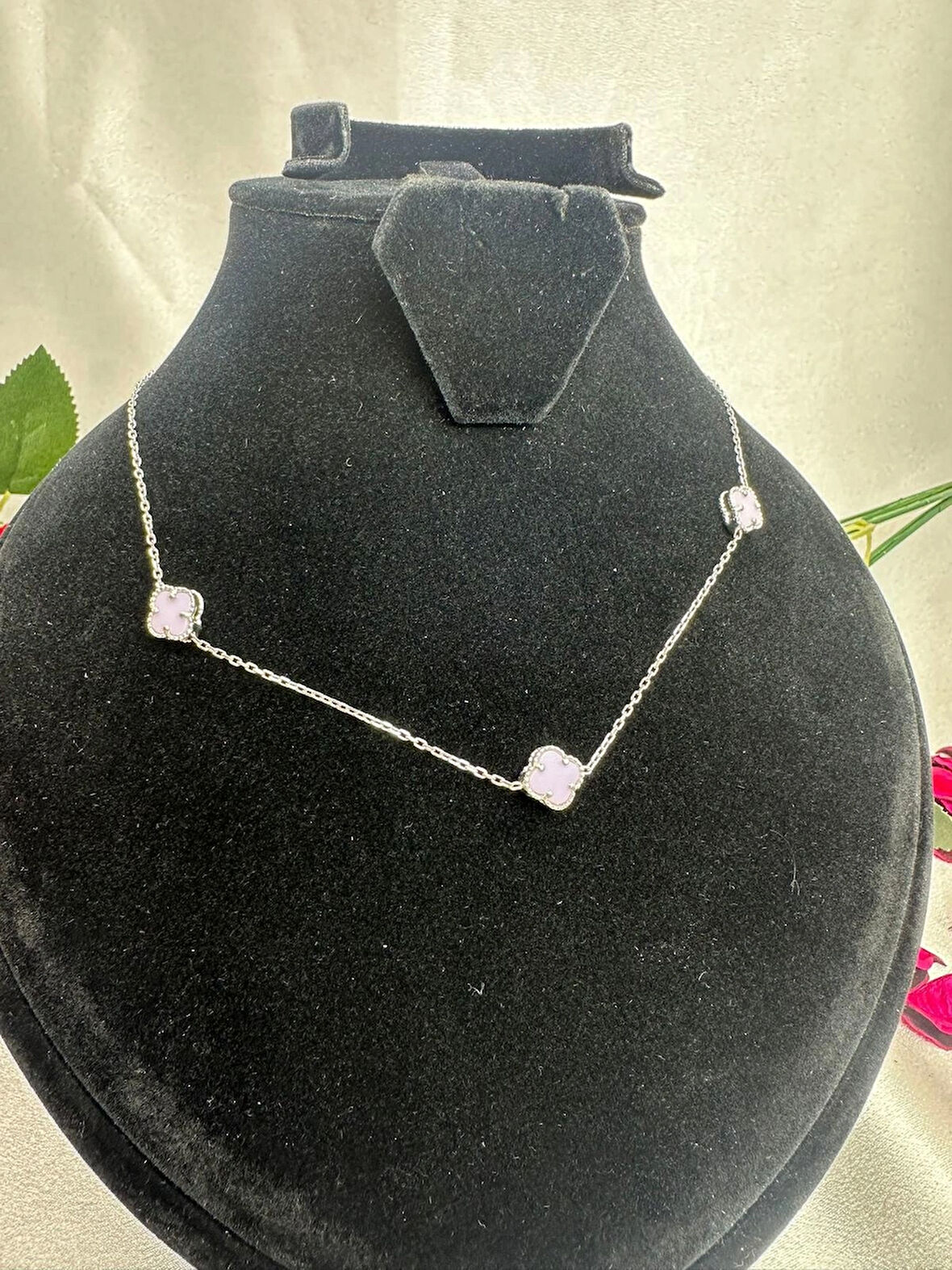 Van Cleef Yonca 3'lü Pembe Taşlı Kadın Kolyesi 925 Ayar Gümüş Rodyumlu 8 mm