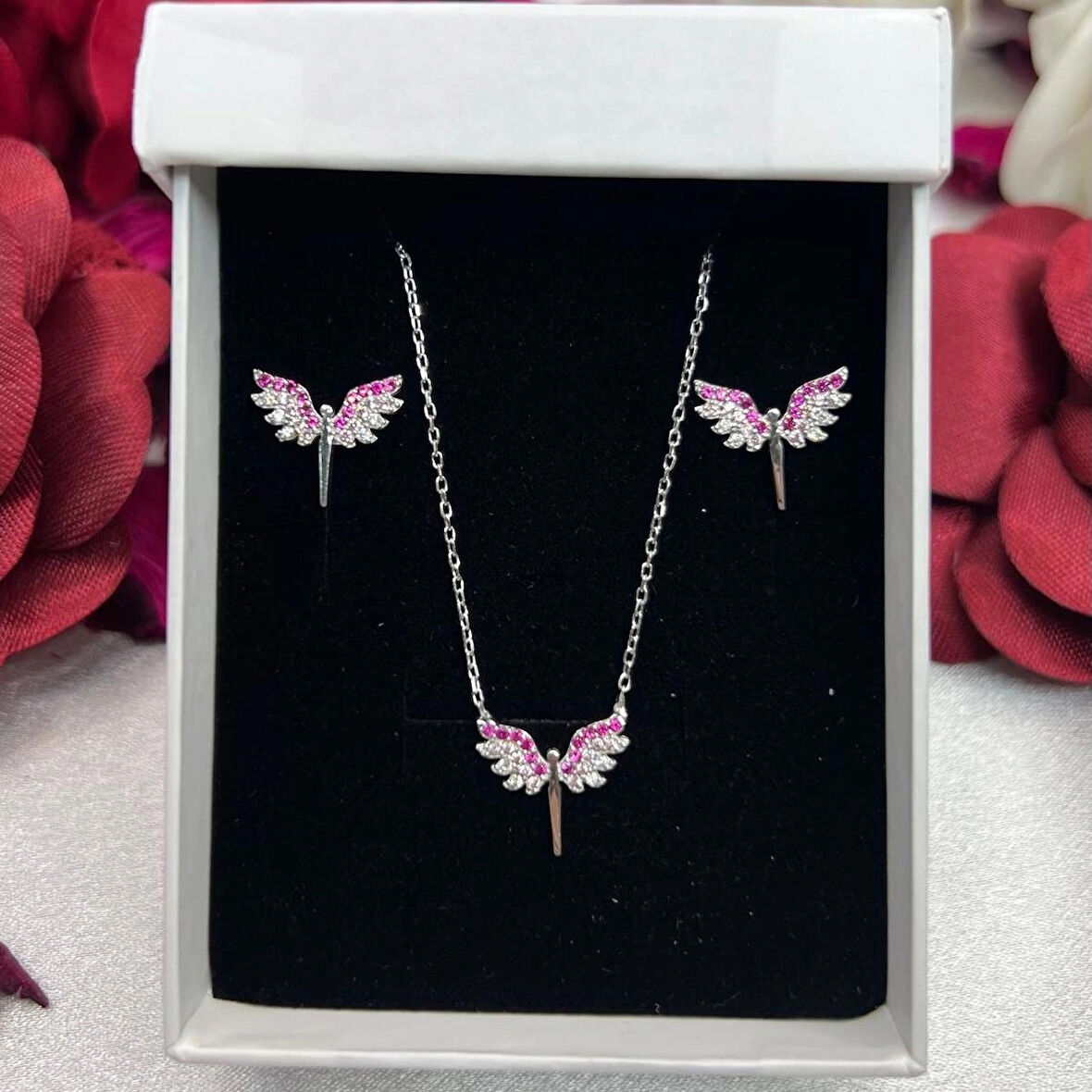 Kırmızı Melek Kanadı Kadın 2'li Setii 925 Ayar Gümüş Rodyumlu Zirkon Taşlı