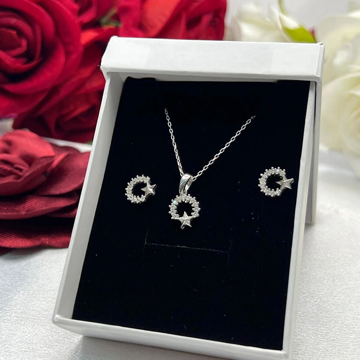 Ay Yıldız Model Kadın 2'li Set 925 Ayar Gümüş Zirkon Taşlı