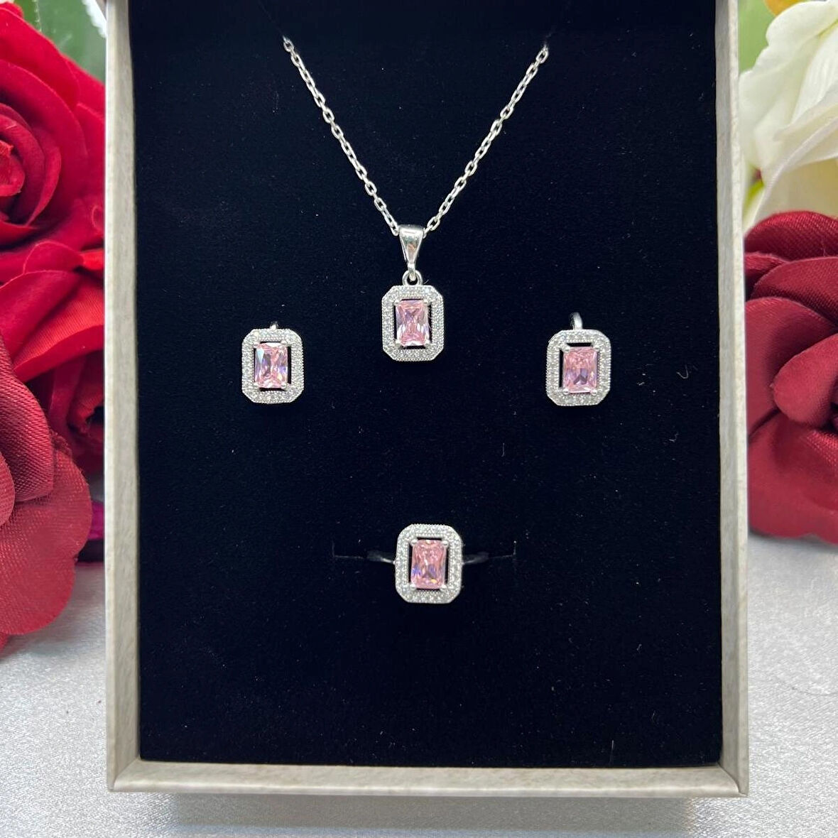 Pembe Baget Kadın 3'lü Takı Seti 925 Ayar Gümüş Zirkon Taşlı