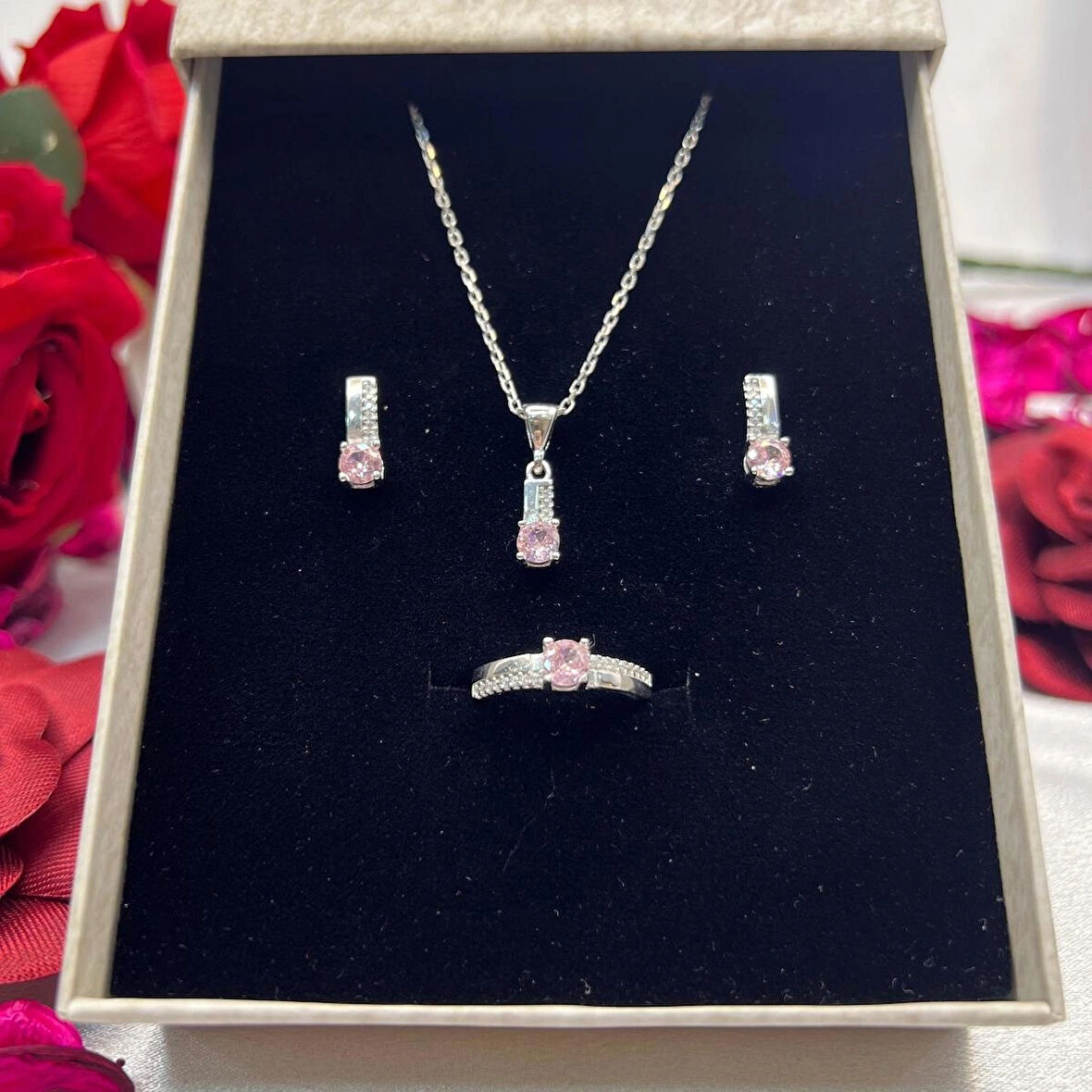 Pembe Tektaş Model Kadın 3'lü Set 925 Ayar Gümüş Zirkon Rodyumlu  Taşlı